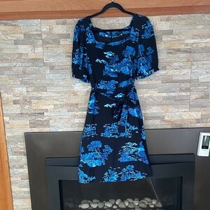 Ann Taylor Black Dress with Blue Scenic Print